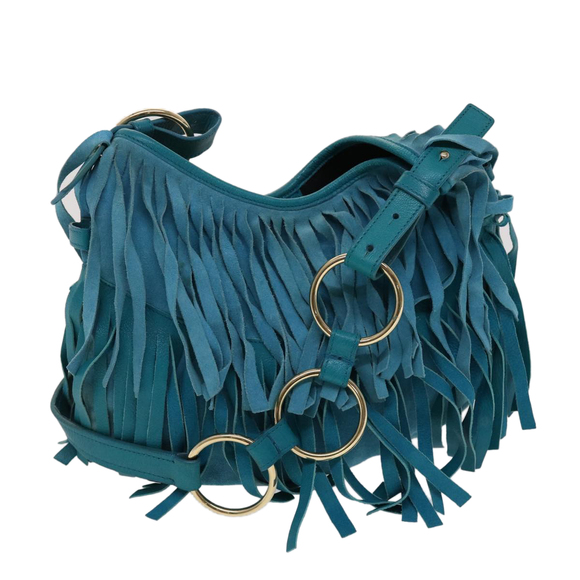 SAINT LAURENT Chain Fringe Shoulder Bag Suede Leather Blue Auth yk7582 - Picture 1 of 16